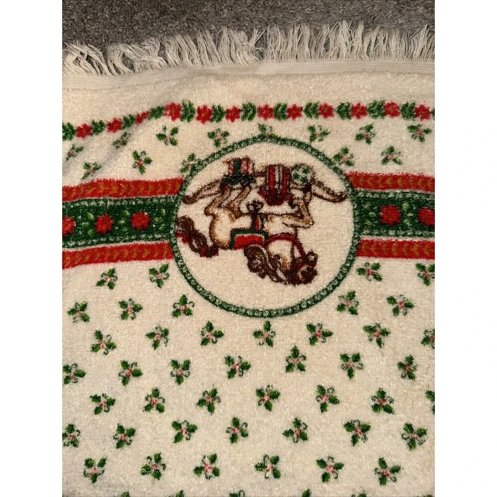 Vtg Christmas Hand Towel Rocking Horse Cotton by B&D Terry Cloth Fringed 70s
